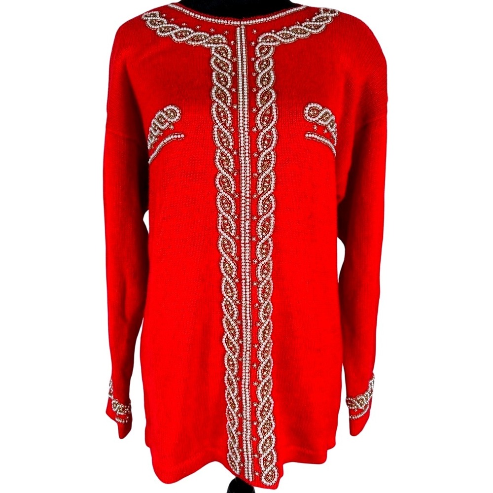 Vintage Victoria Harbour Red Embellished Sweater Long Sleeve Knit Women's S